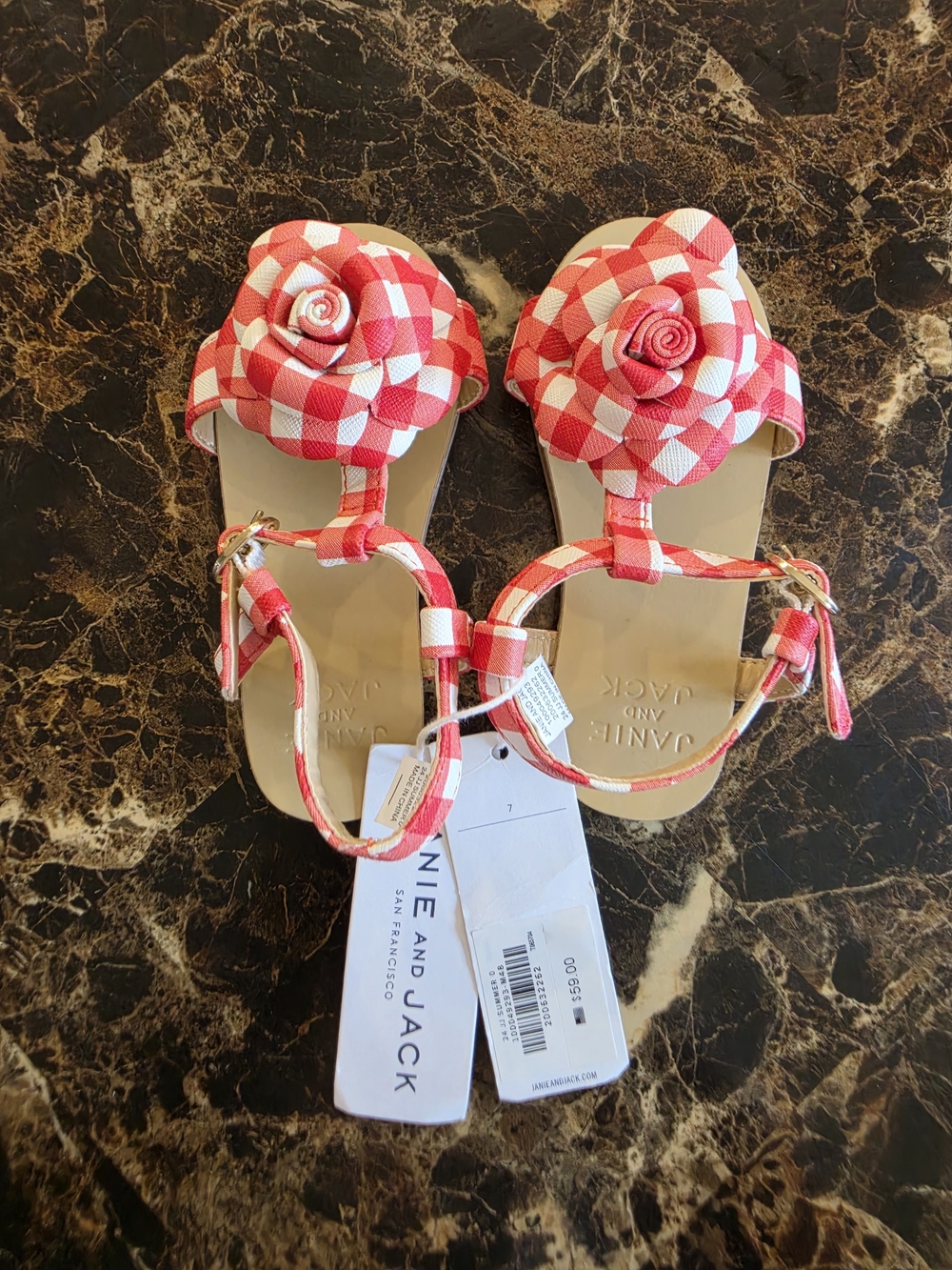🔥 NWT Janie and Jack Red and White Gingham Floral T-Strap Sandals (Size: 7)